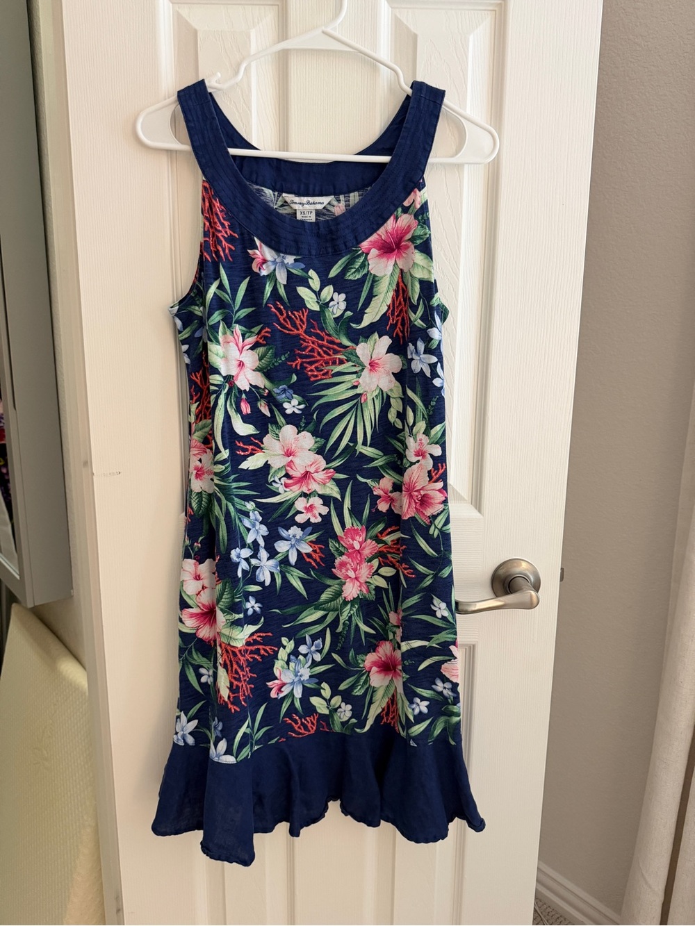 Tommy Bahama Navy Floral Midi Tank Dress with Pink & Green Hibiscus